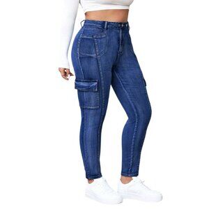 SHEIN EZ wear Plus Size Casual Washed Slim-Fit Cargo Jeans in Dark Wash -‎ 0XL